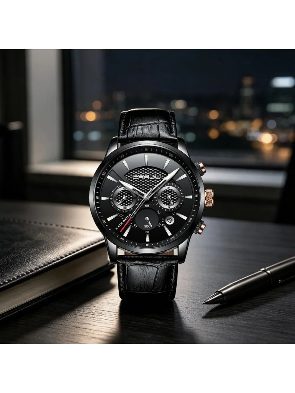 Men's Black Silver Chronograph Leather Strap Quartz Waterproof Wrist Watch